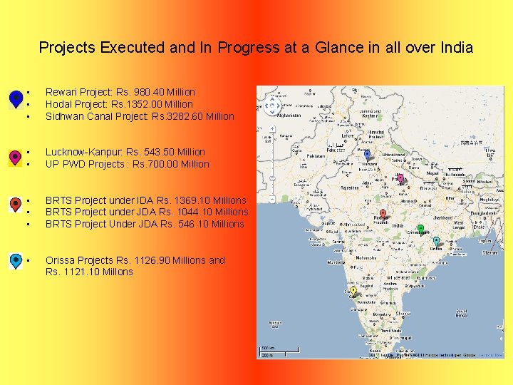 Projects Executed and In Progress at a Glance in all over India • •