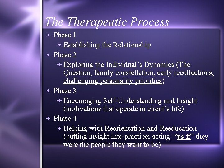 The Therapeutic Process Phase 1 Establishing the Relationship Phase 2 Exploring the Individual’s Dynamics