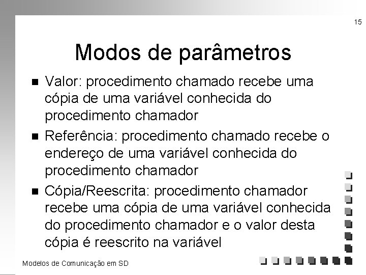15 Modos de parâmetros n n n Valor: procedimento chamado recebe uma cópia de