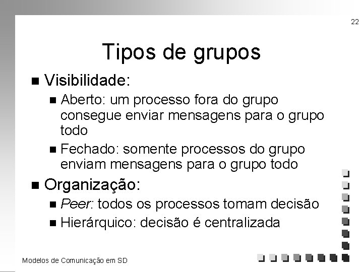 22 Tipos de grupos n Visibilidade: Aberto: um processo fora do grupo consegue enviar