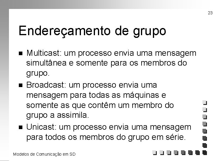 23 Endereçamento de grupo n n n Multicast: um processo envia uma mensagem simultânea