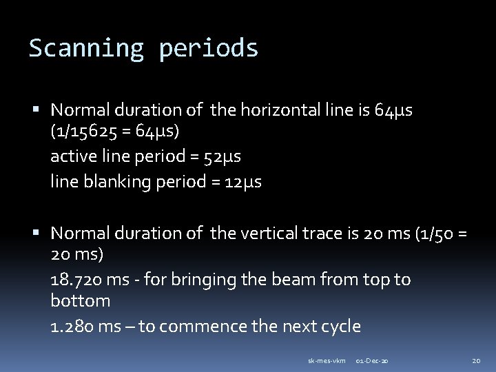 Scanning periods Normal duration of the horizontal line is 64µs (1/15625 = 64µs) active
