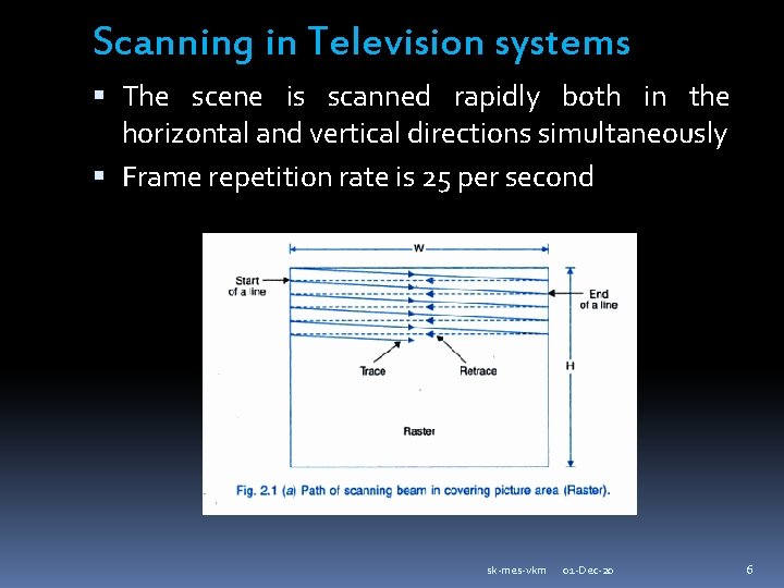 Scanning in Television systems The scene is scanned rapidly both in the horizontal and