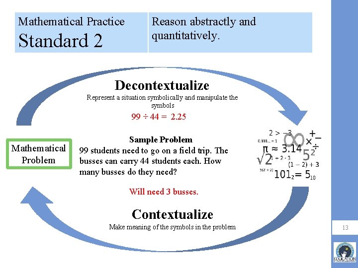 Mathematical Practice Standard 2 Reason abstractly and quantitatively. Decontextualize Represent a situation symbolically and