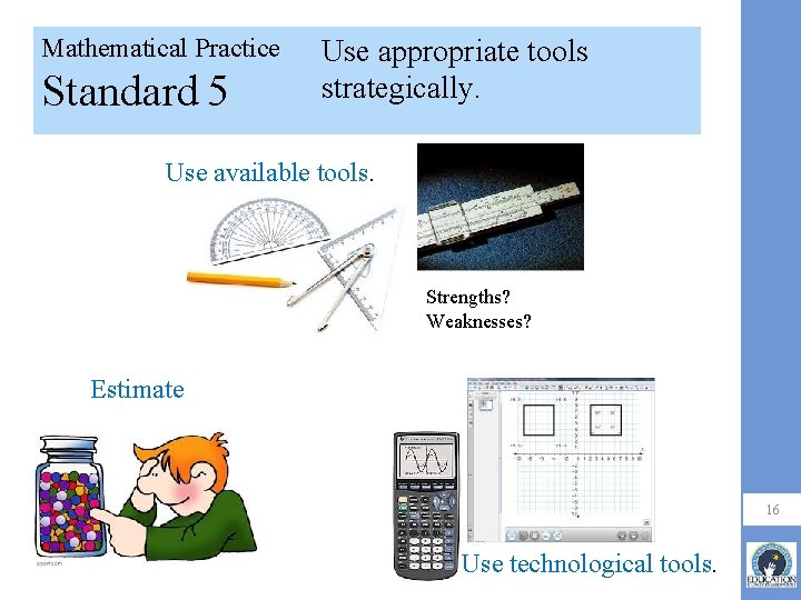 Mathematical Practice Standard 5 Use appropriate tools strategically. Use available tools. Strengths? Weaknesses? Estimate
