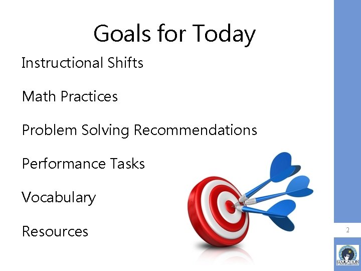 Goals for Today Instructional Shifts Math Practices Problem Solving Recommendations Performance Tasks Vocabulary Resources