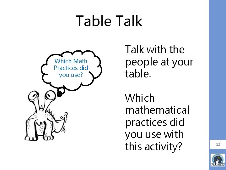 Table Talk Which Math Practices did you use? Talk with the people at your