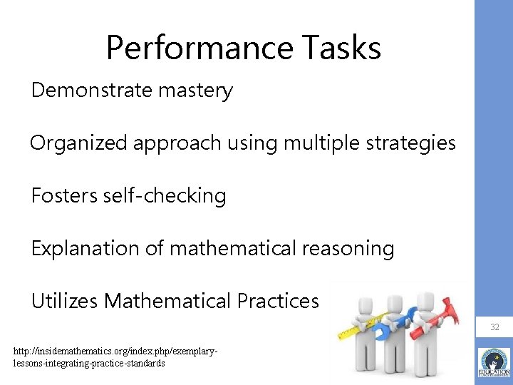 Performance Tasks Demonstrate mastery Organized approach using multiple strategies Fosters self-checking Explanation of mathematical