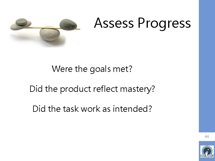 Assess Progress Were the goals met? Did the product reflect mastery? Did the task