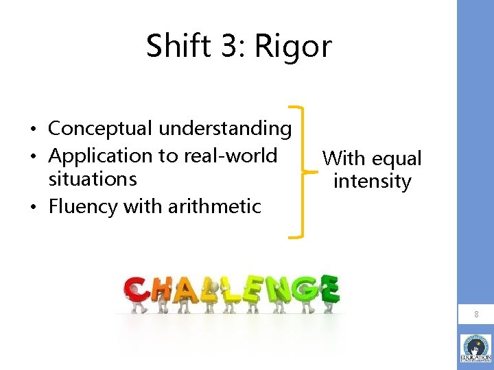 Shift 3: Rigor • Conceptual understanding • Application to real-world situations • Fluency with