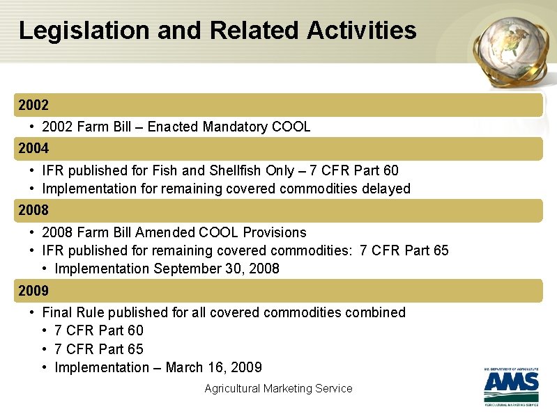 Legislation and Related Activities 2002 • 2002 Farm Bill – Enacted Mandatory COOL 2004