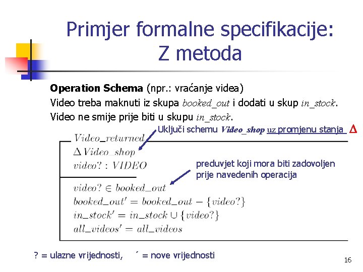 Primjer formalne specifikacije: Z metoda Operation Schema (npr. : vraćanje videa) Video treba maknuti