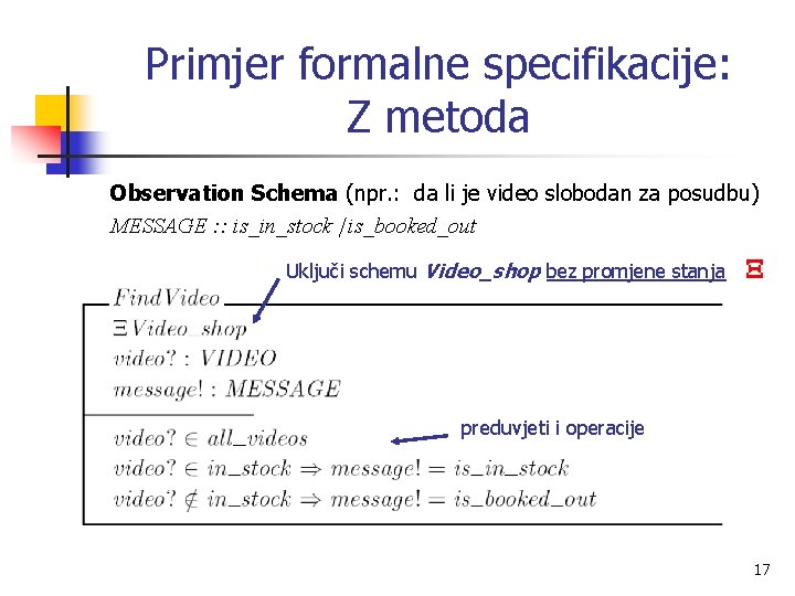 Primjer formalne specifikacije: Z metoda Observation Schema (npr. : da li je video slobodan