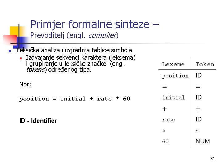 Primjer formalne sinteze – Prevoditelj (engl. compiler) n Leksička analiza i izgradnja tablice simbola