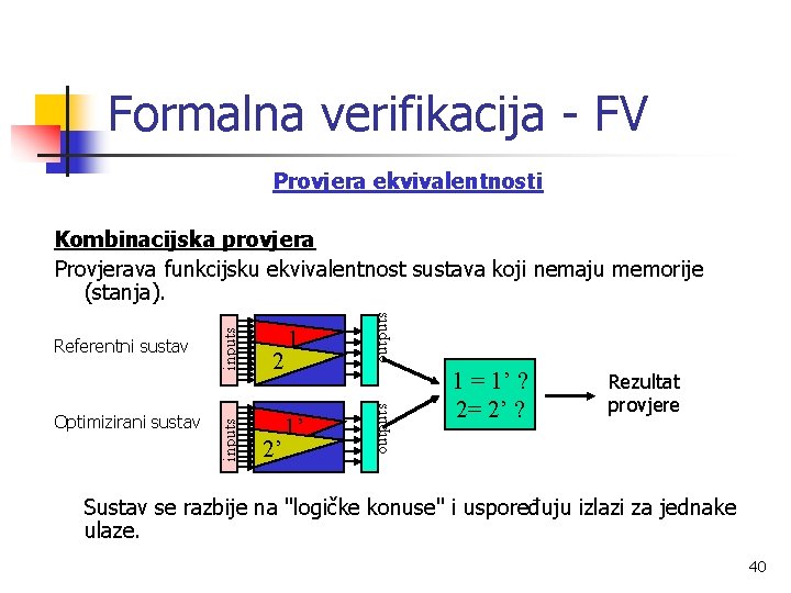 Formalna verifikacija - FV Provjera ekvivalentnosti 2’ 1’ outputs 2 1 outputs Optimizirani sustav