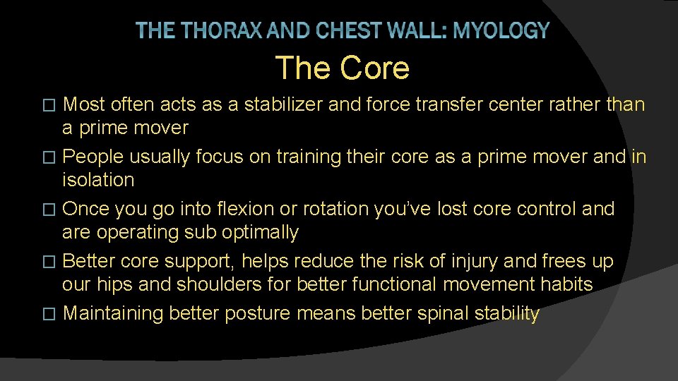 The Core Most often acts as a stabilizer and force transfer center rather than