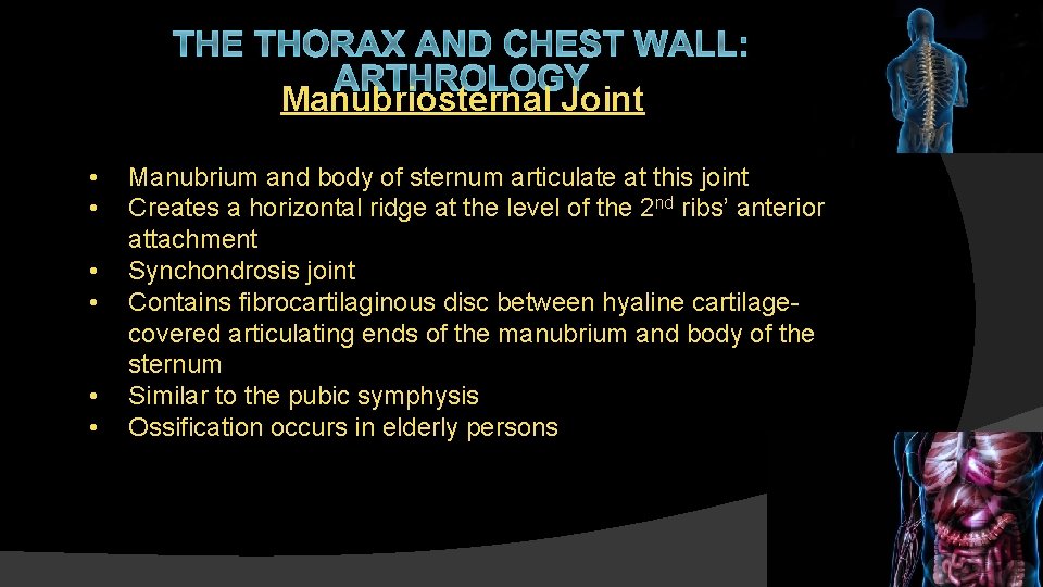 THE THORAX AND CHEST WALL: ARTHROLOGY Manubriosternal Joint • • • Manubrium and body