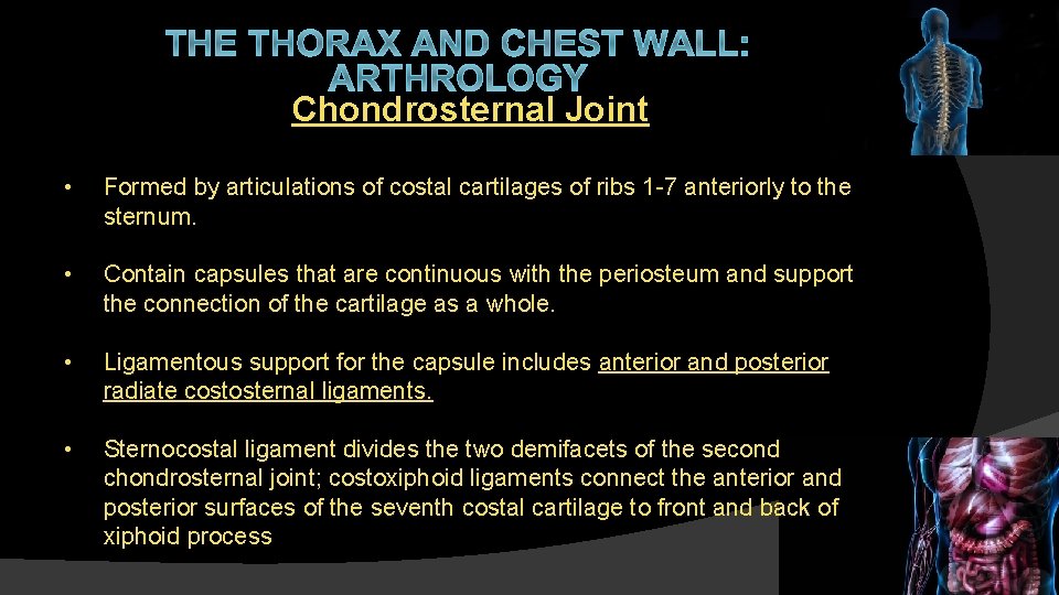 THE THORAX AND CHEST WALL: ARTHROLOGY Chondrosternal Joint • Formed by articulations of costal