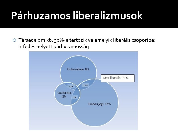 Párhuzamos liberalizmusok Társadalom kb. 30%-a tartozik valamelyik liberális csoportba: átfedés helyett párhuzamosság 