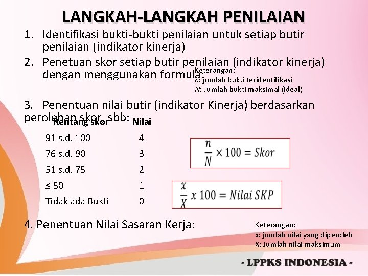 LANGKAH-LANGKAH PENILAIAN 1. Identifikasi bukti-bukti penilaian untuk setiap butir penilaian (indikator kinerja) 2. Penetuan