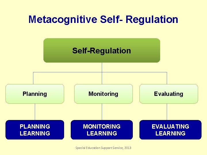 Metacognitive Self- Regulation Self-Regulation Planning Monitoring Evaluating PLANNING LEARNING MONITORING LEARNING EVALUATING LEARNING Special