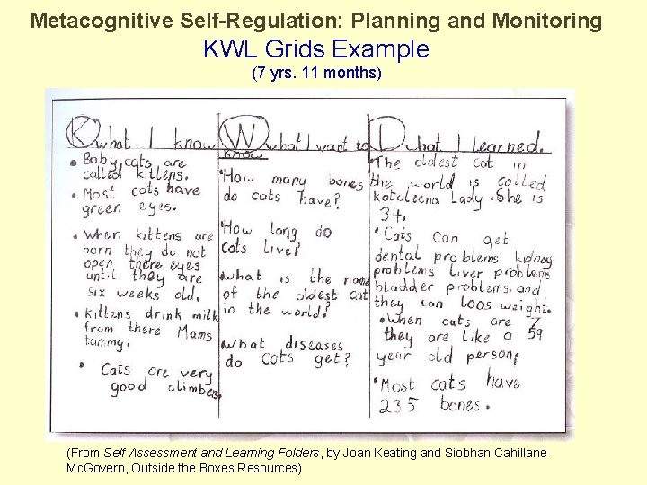 Metacognitive Self-Regulation: Planning and Monitoring KWL Grids Example (7 yrs. 11 months) (From Self