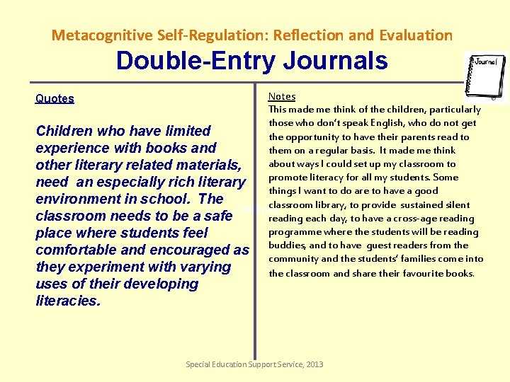 Metacognitive Self-Regulation: Reflection and Evaluation Double-Entry Journals Notes This made me think of the