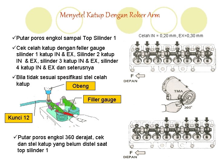 Menyetel Katup Dengan Roker Arm üPutar poros engkol sampai Top Silinder 1 üCek celah