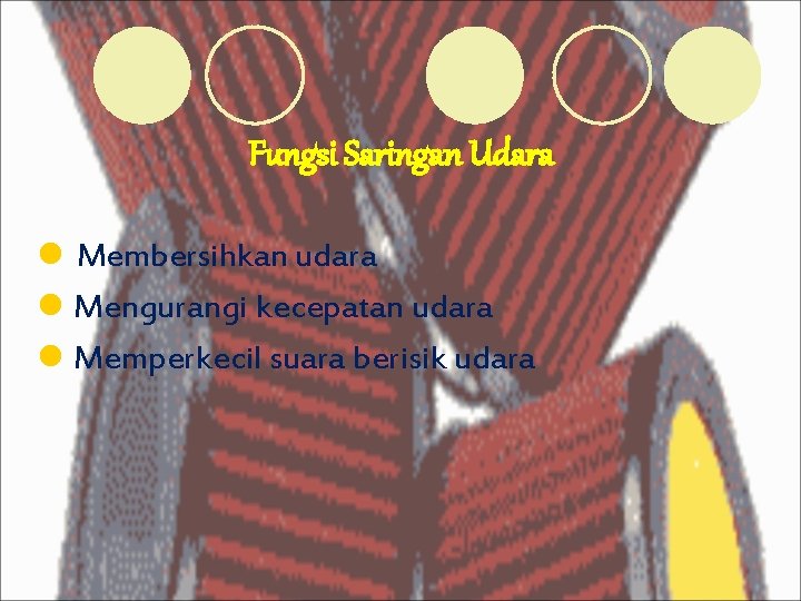 Fungsi Saringan Udara l Membersihkan udara l Mengurangi kecepatan udara l Memperkecil suara berisik