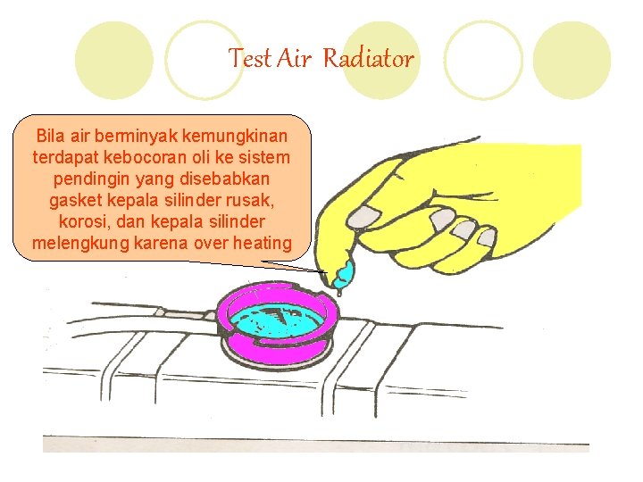 Test Air Radiator Bila air berminyak kemungkinan terdapat kebocoran oli ke sistem pendingin yang