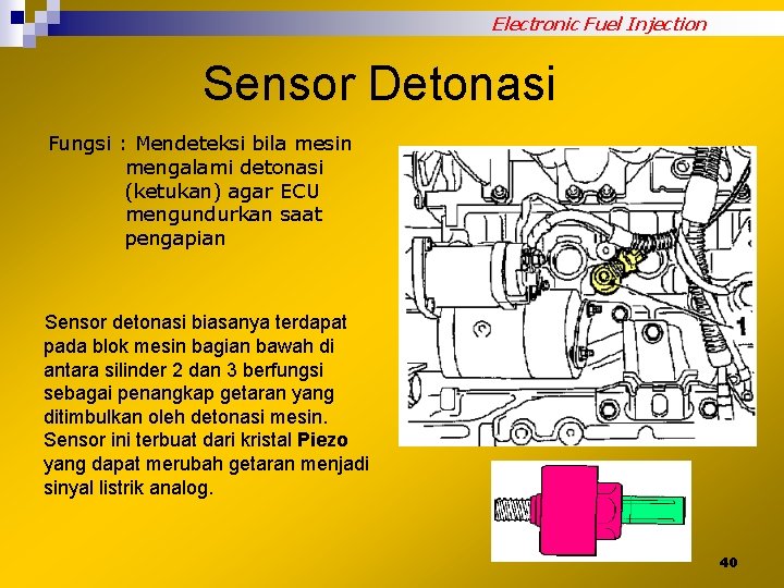 Electronic Fuel Injection Sensor Detonasi Fungsi : Mendeteksi bila mesin mengalami detonasi (ketukan) agar