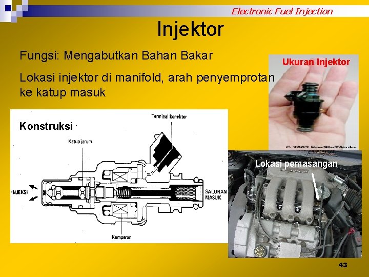 Electronic Fuel Injection Injektor Fungsi: Mengabutkan Bahan Bakar Ukuran Injektor Lokasi injektor di manifold,