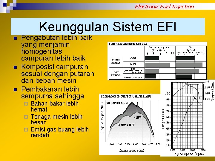 Electronic Fuel Injection Keunggulan Sistem EFI n n n Pengabutan lebih baik yang menjamin