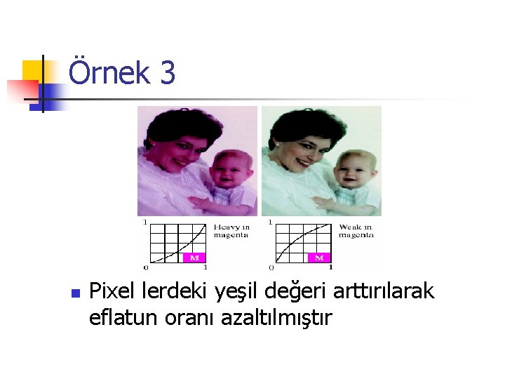 Örnek 3 n Pixel lerdeki yeşil değeri arttırılarak eflatun oranı azaltılmıştır 