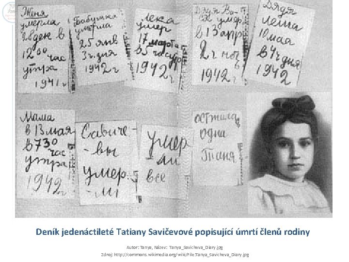 Deník jedenáctileté Tatiany Savičevové popisující úmrtí členů rodiny Autor: Tanya, Název: Tanya_Savicheva_Diary. jpg Zdroj: