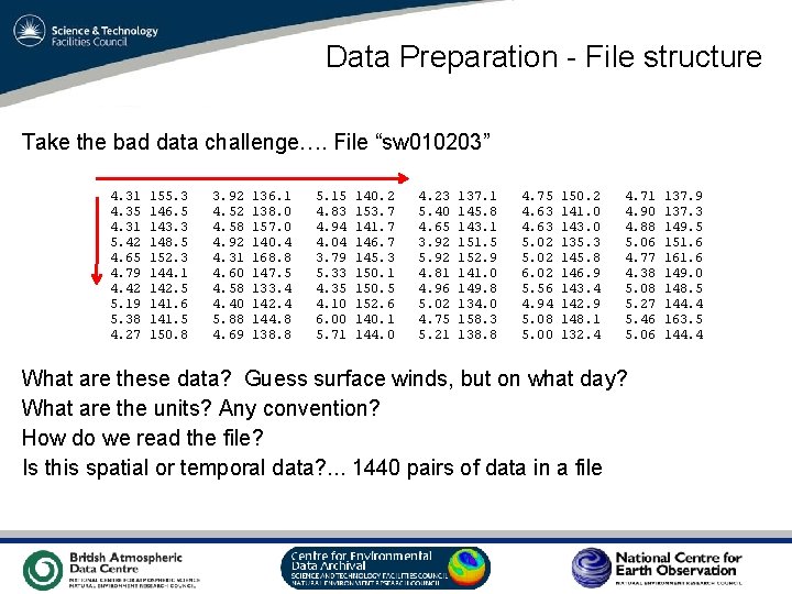 Data Preparation - File structure Take the bad data challenge…. File “sw 010203” 4.