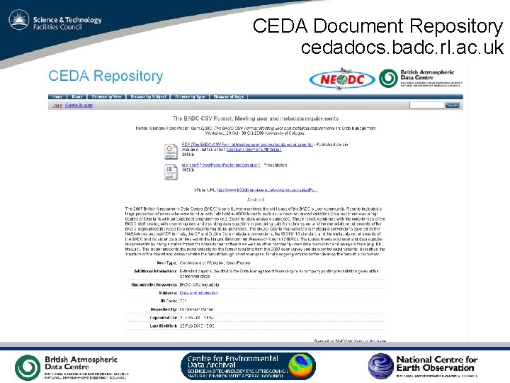 CEDA Document Repository cedadocs. badc. rl. ac. uk VO Sandpit, November 2009 