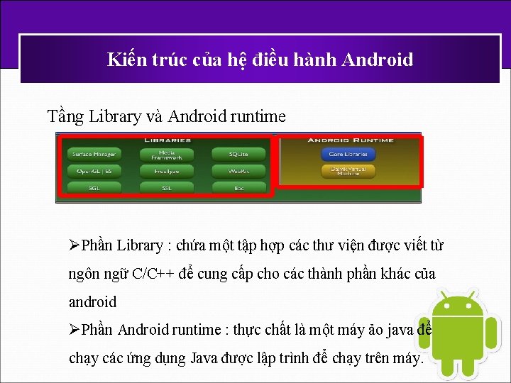 Kiến trúc của hệ điều hành Android Tầng Library và Android runtime ØPhần Library