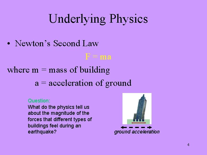 Underlying Physics • Newton’s Second Law F = ma where m = mass of