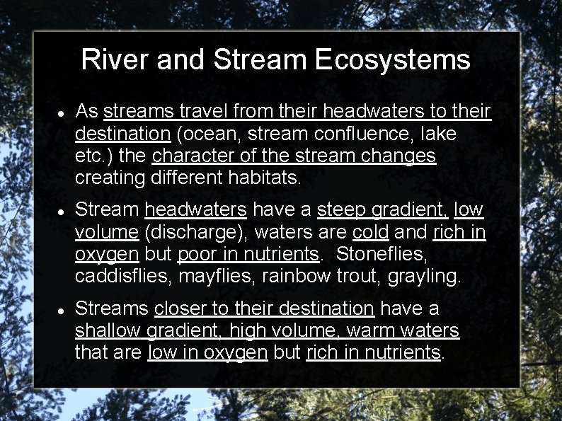 River and Stream Ecosystems As streams travel from their headwaters to their destination (ocean,