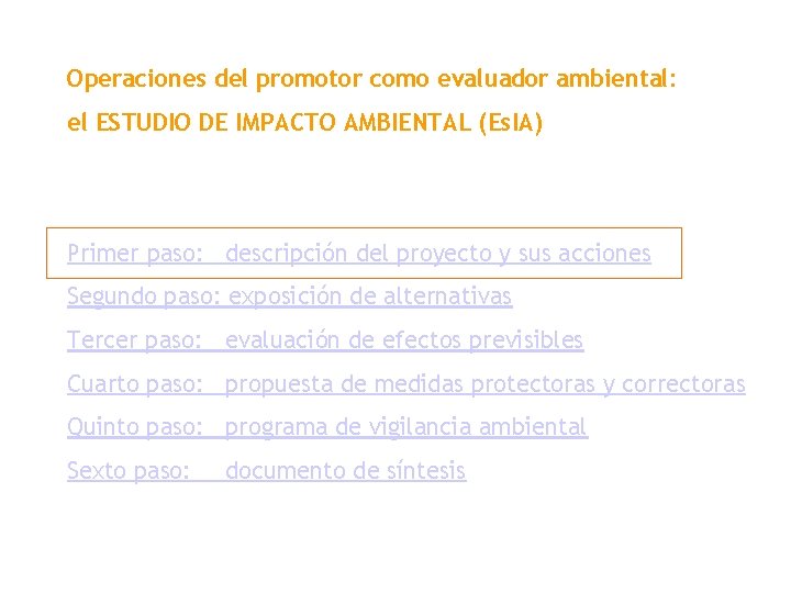 Operaciones del promotor como evaluador ambiental: el ESTUDIO DE IMPACTO AMBIENTAL (Es. IA) Primer