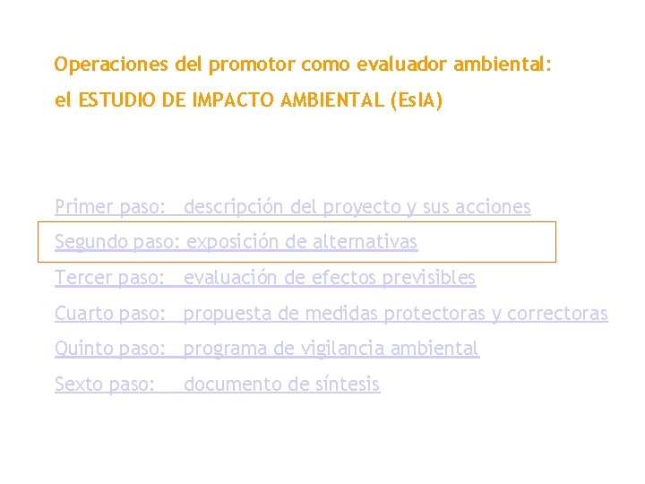 Operaciones del promotor como evaluador ambiental: el ESTUDIO DE IMPACTO AMBIENTAL (Es. IA) Primer
