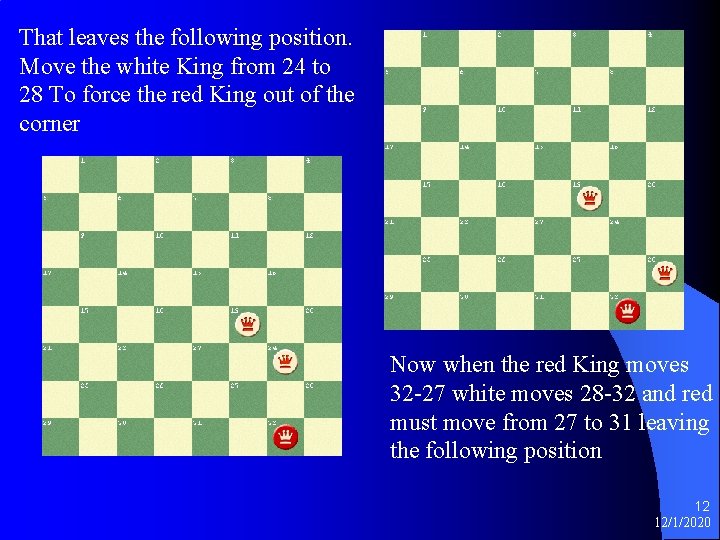 That leaves the following position. Move the white King from 24 to 28 To