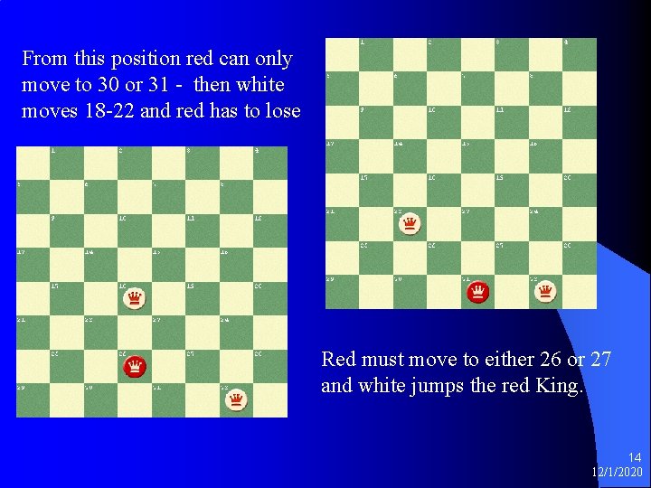 From this position red can only move to 30 or 31 - then white