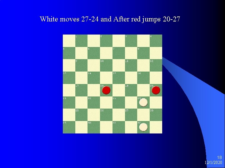 White moves 27 -24 and After red jumps 20 -27 18 12/1/2020 