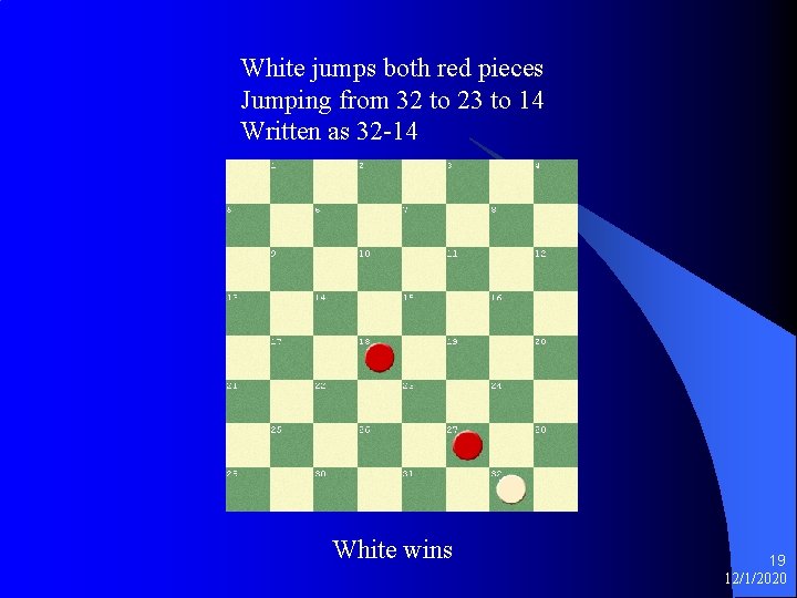 White jumps both red pieces Jumping from 32 to 23 to 14 Written as