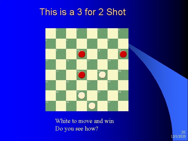 This is a 3 for 2 Shot White to move and win Do you