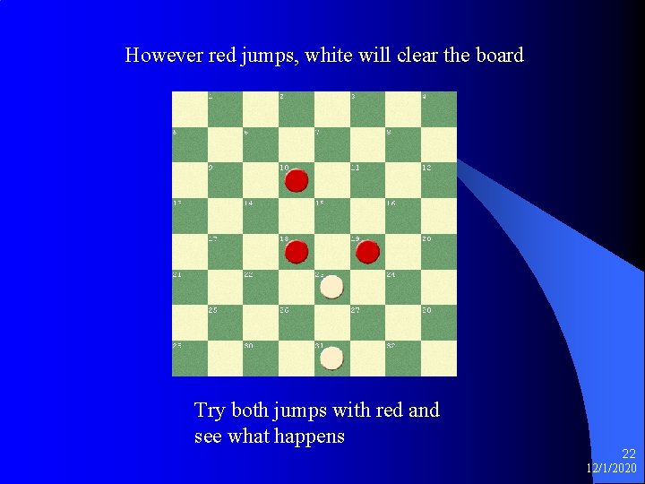 However red jumps, white will clear the board Try both jumps with red and