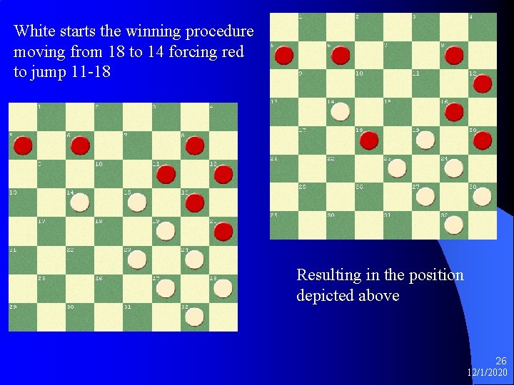 White starts the winning procedure moving from 18 to 14 forcing red to jump