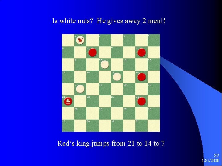 Is white nuts? He gives away 2 men!! Red’s king jumps from 21 to